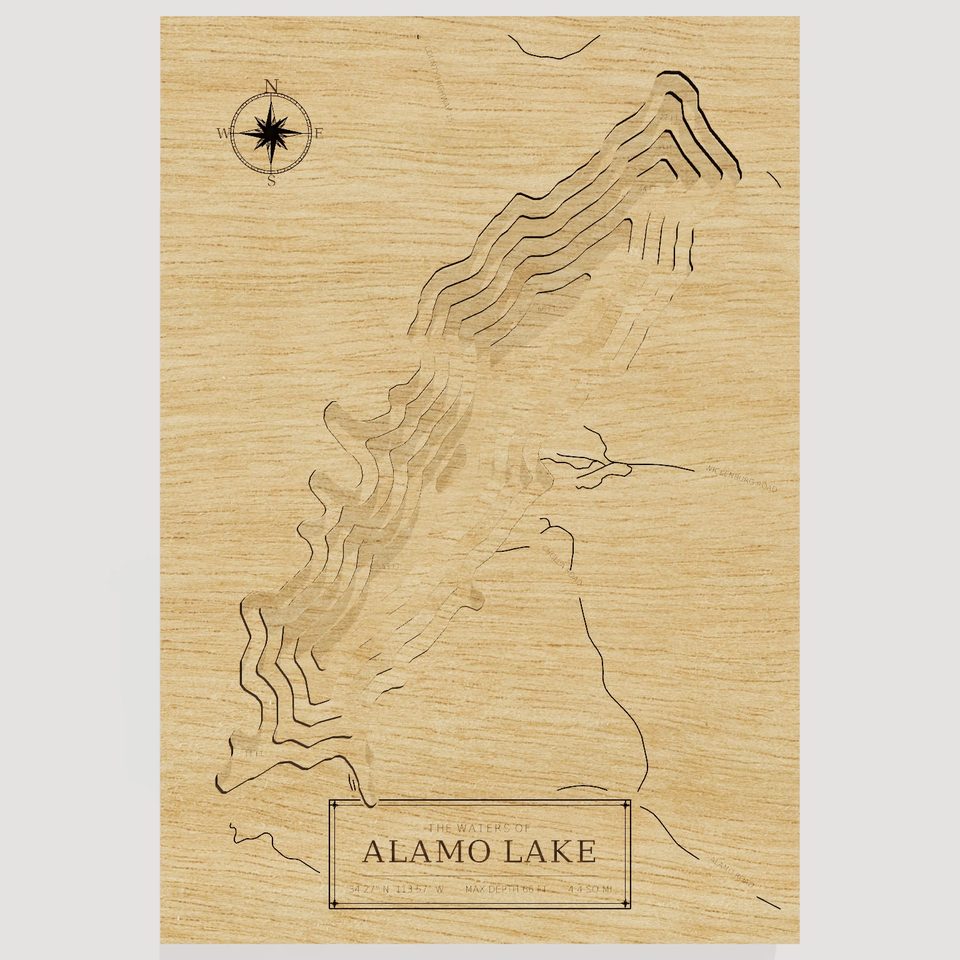 Alamo Lake 3D wood map, front view