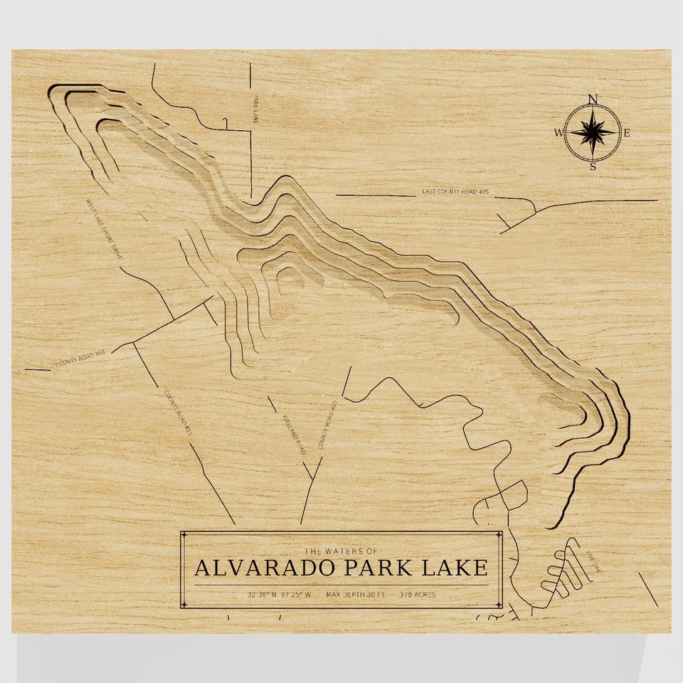 Alvarado Park Lake 3D wood map, front view