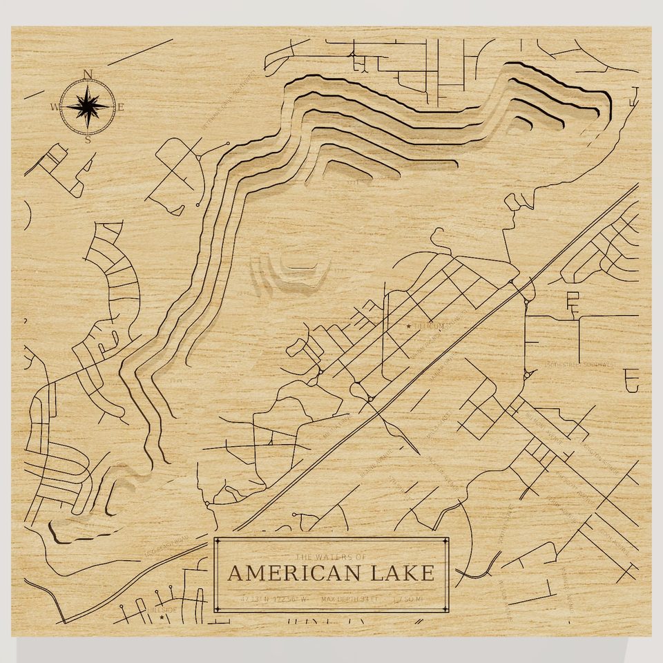 American Lake 3D wood map, front view
