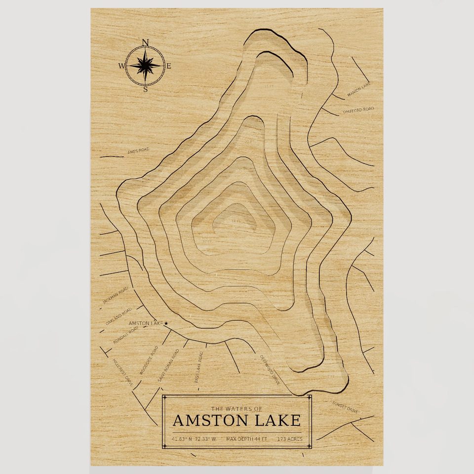 Amston Lake 3D wood map, front view
