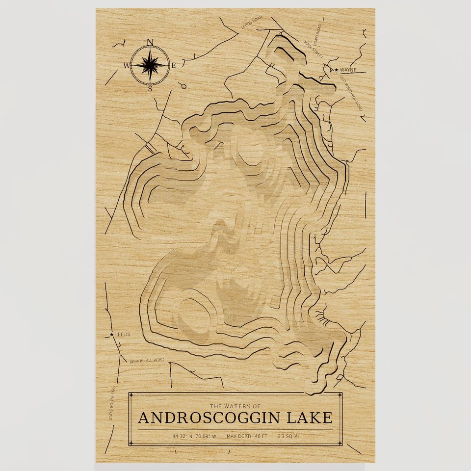 Androscoggin Lake 3D wood map, front view
