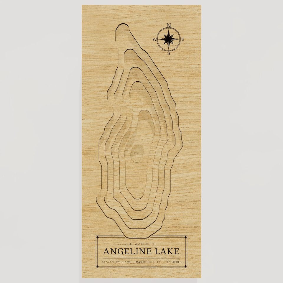 Angeline Lake 3D wood map, front view