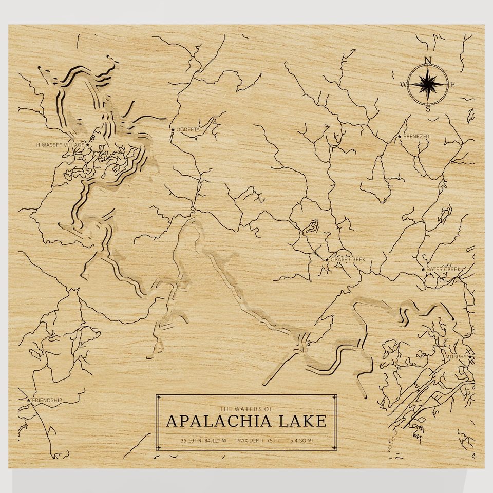 Apalachia Lake 3D wood map, front view