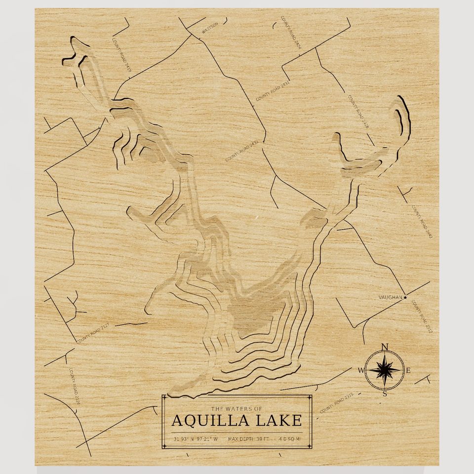 Aquilla Lake 3D wood map, front view