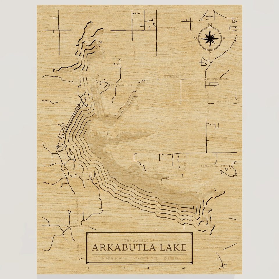 Arkabutla Lake 3D wood map, front view