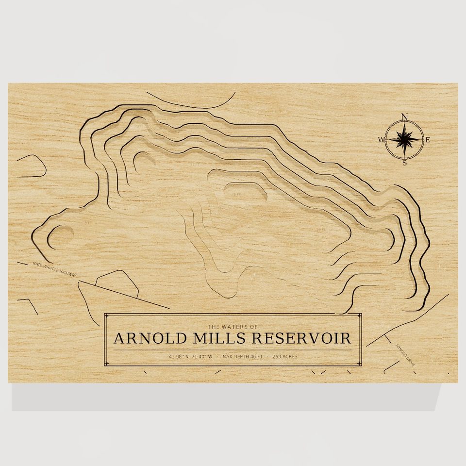 Arnold Mills Reservoir 3D wood map, front view