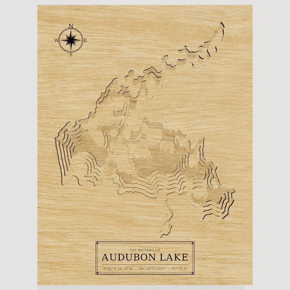 Audubon Lake 3D wood map, front view