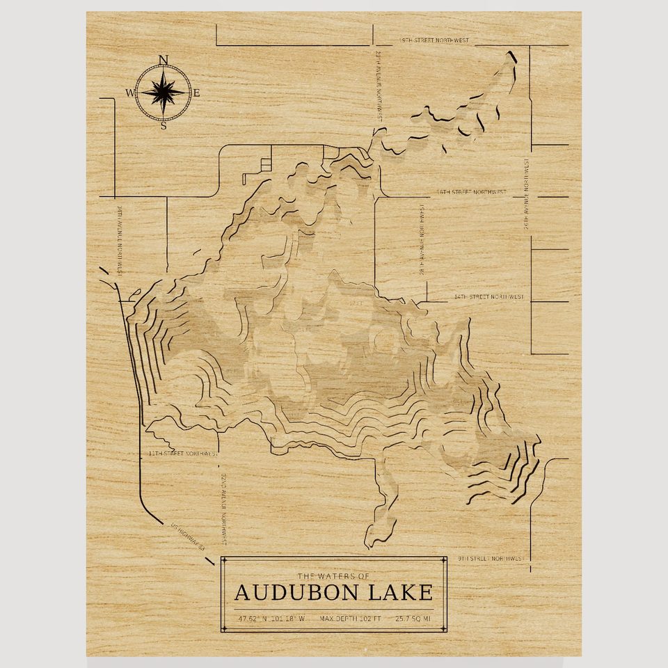 Audubon Lake 3D wood map, front view