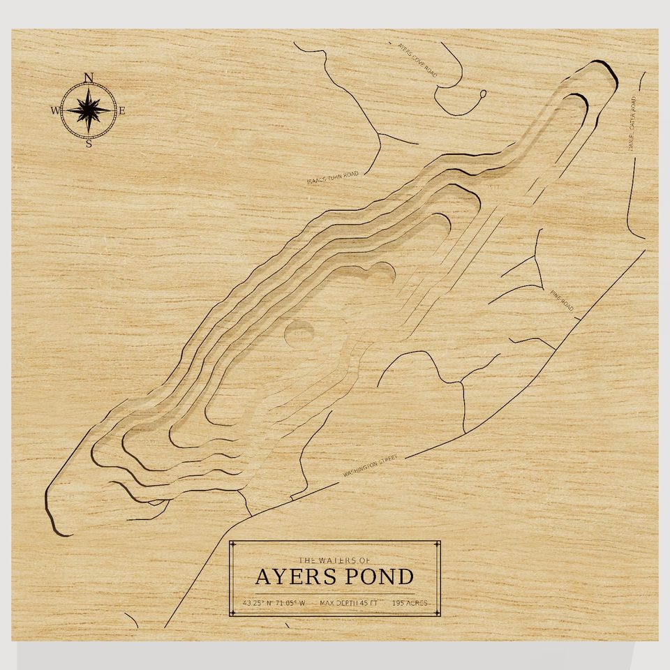 Ayers Pond 3D wood map, front view