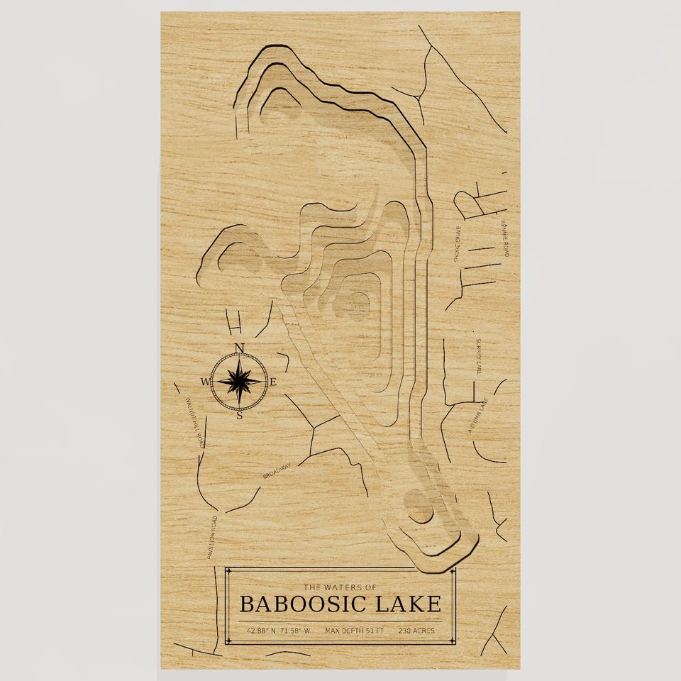 Baboosic Lake 3D wood map, front view