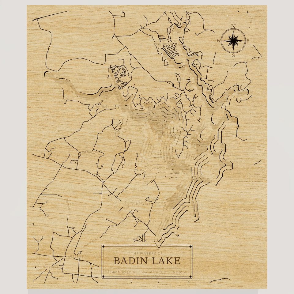 Badin Lake 3D wood map, front view