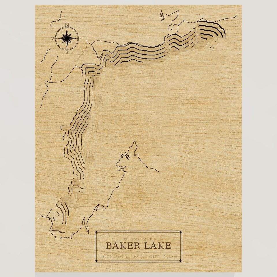 Baker Lake 3D wood map, front view
