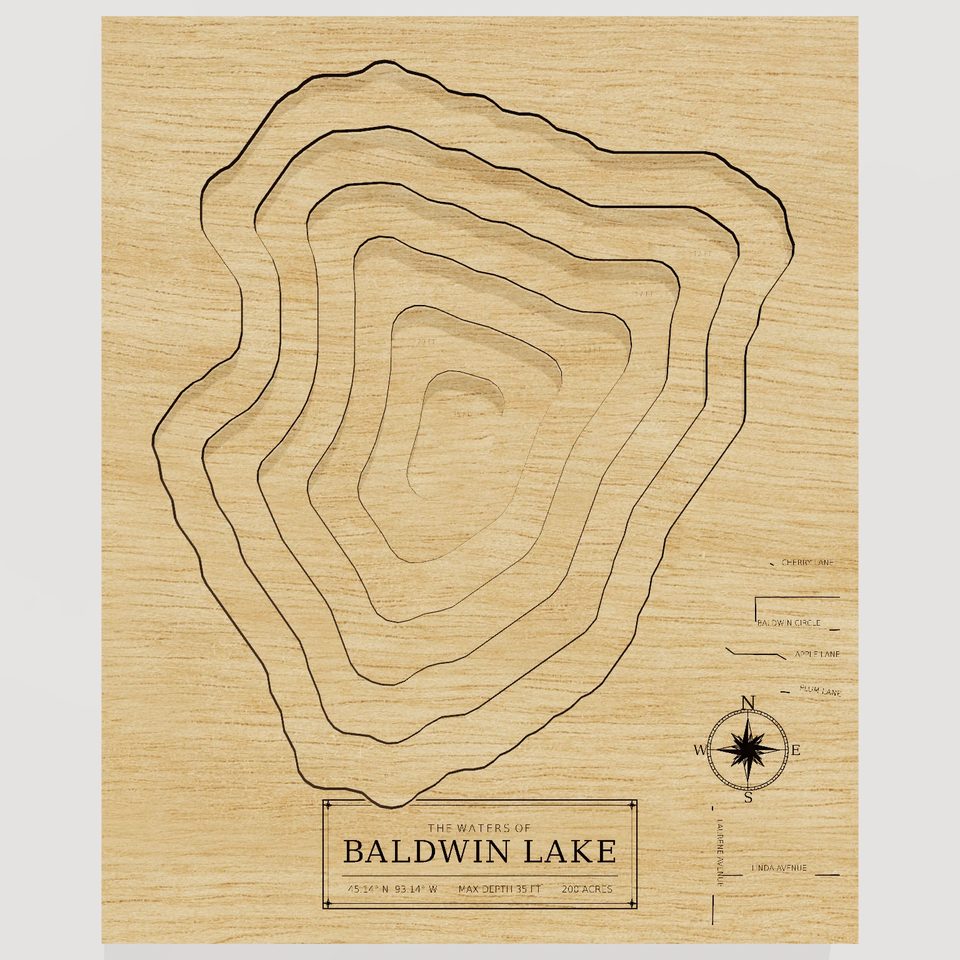 Baldwin Lake 3D wood map, front view