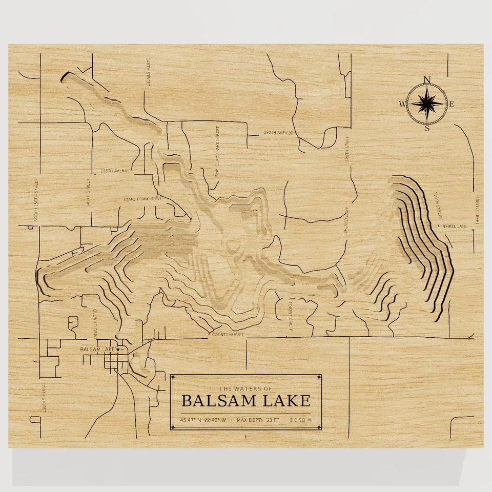Balsam Lake 3D wood map, front view
