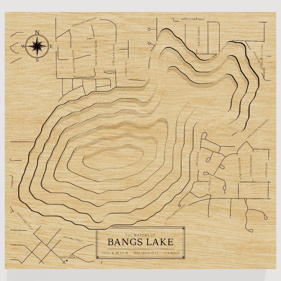 Bangs Lake 3D wood map, front view