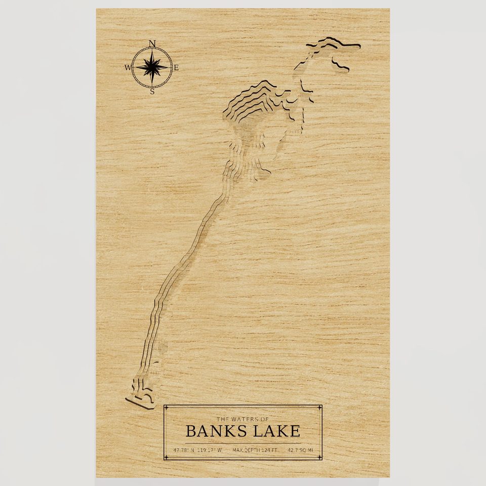 Banks Lake 3D wood map, front view
