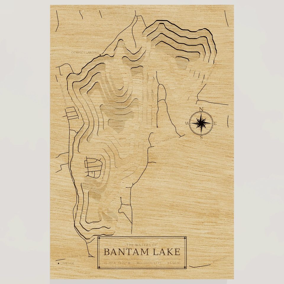 Bantam Lake 3D wood map, front view