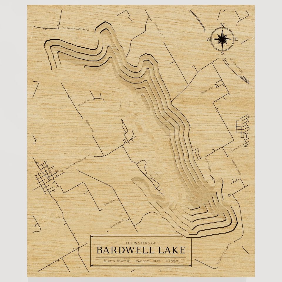 Bardwell Lake 3D wood map, front view