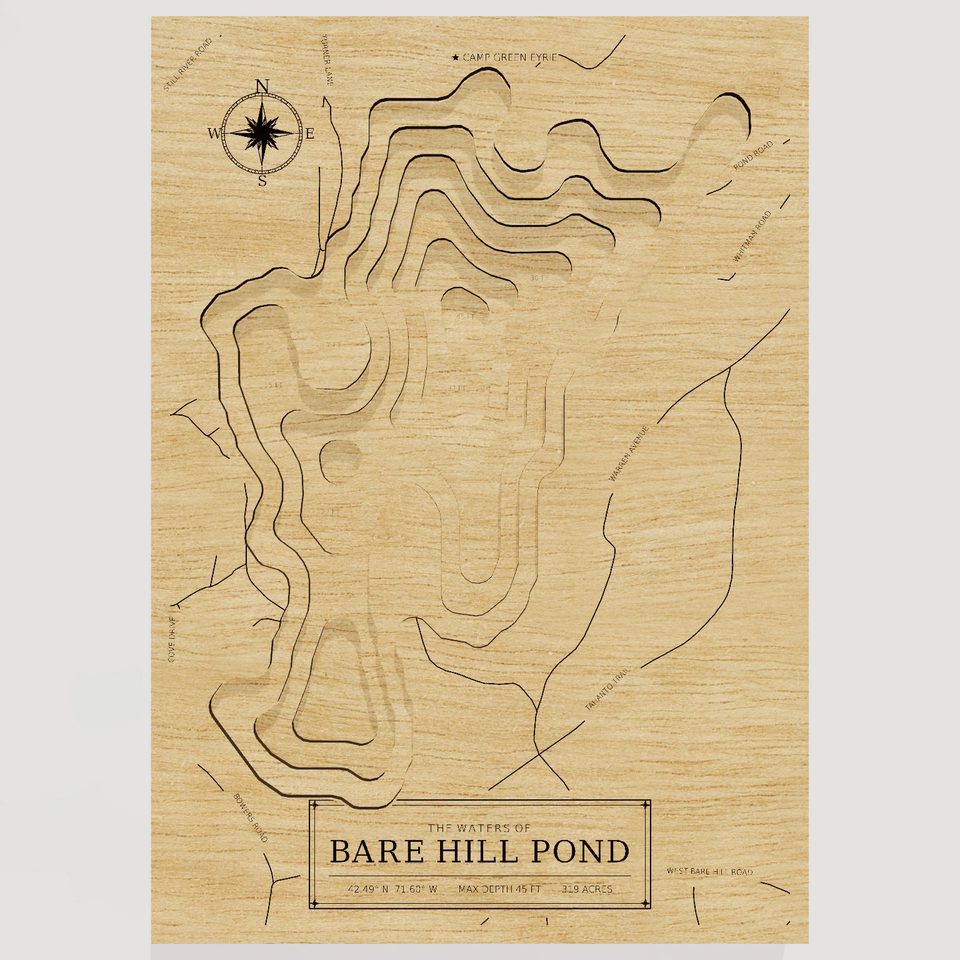 Bare Hill Pond 3D wood map, front view