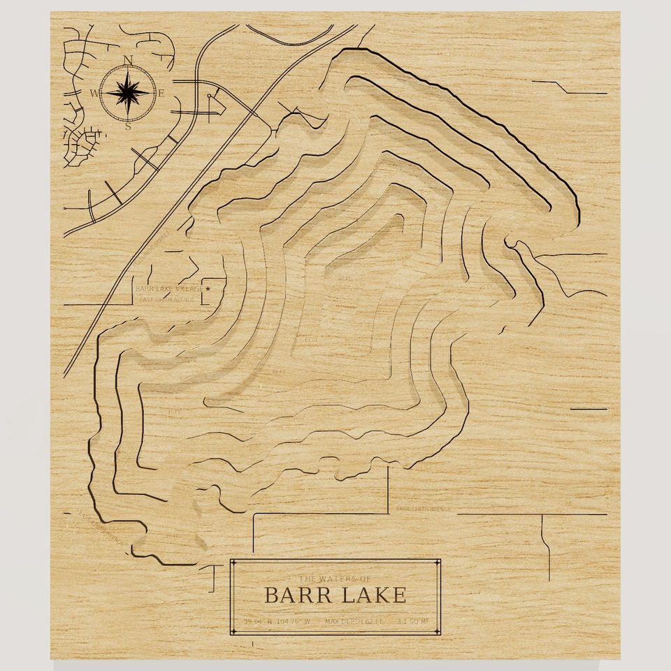Barr Lake 3D wood map, front view