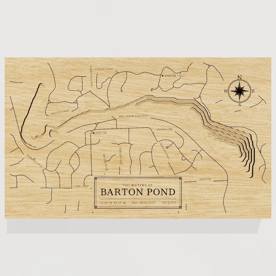 Barton Pond 3D wood map, front view