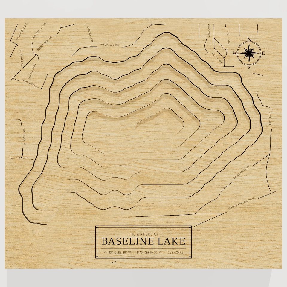 Baseline Lake 3D wood map, front view