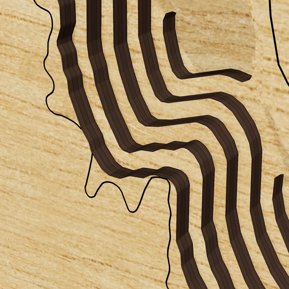 Bass Lake 3D wood map, detail view