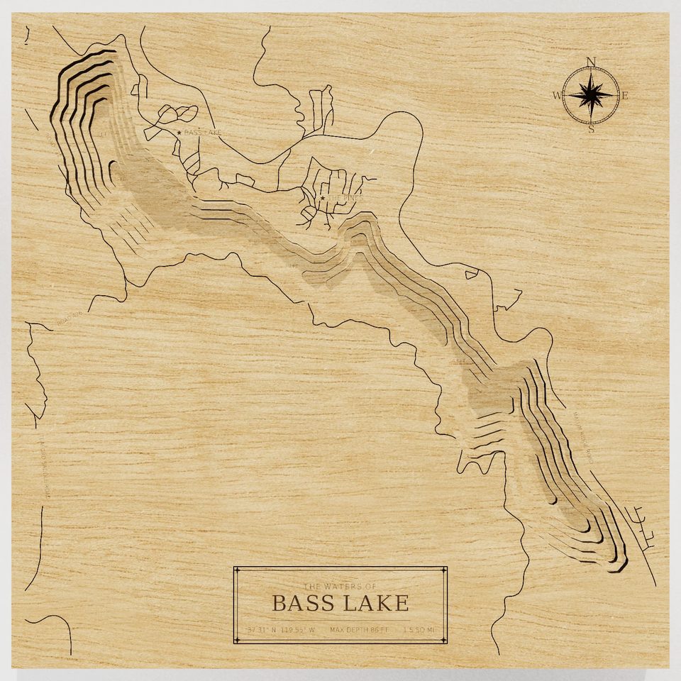 Bass Lake 3D wood map, front view