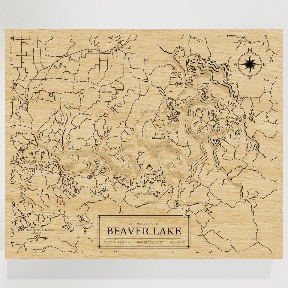 Beaver Lake 3D wood map, front view
