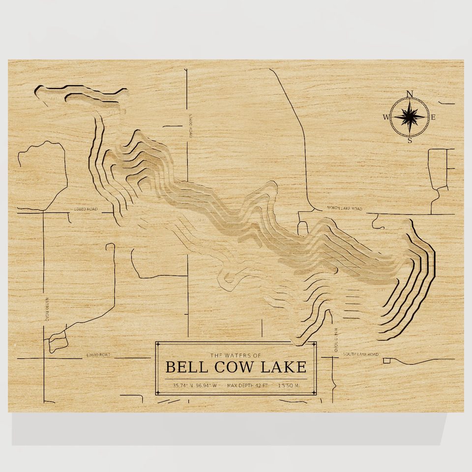 Bell Cow Lake 3D wood map, front view