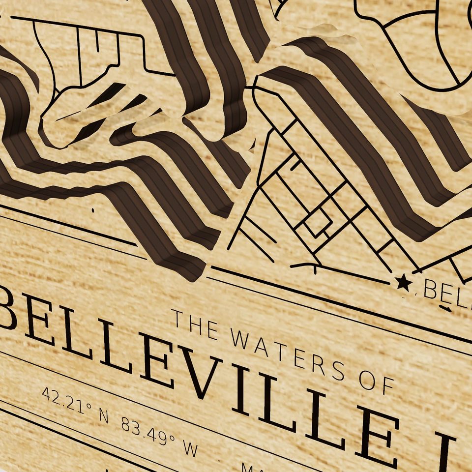 Belleville Lake 3D wood map, detail view
