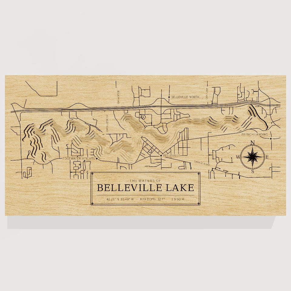 Belleville Lake 3D wood map, front view