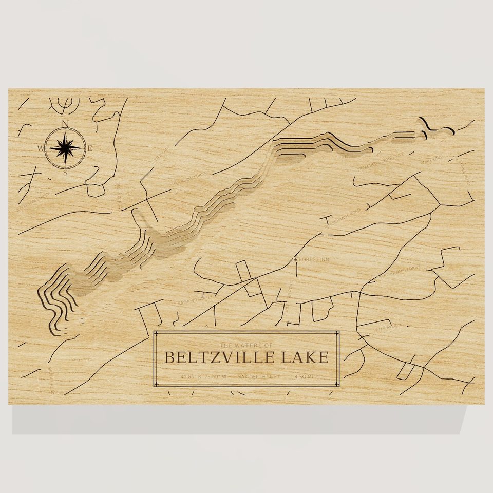 Beltzville Lake 3D wood map, front view