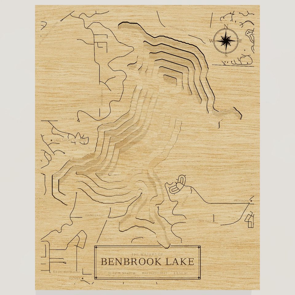 Benbrook Lake 3D wood map, front view