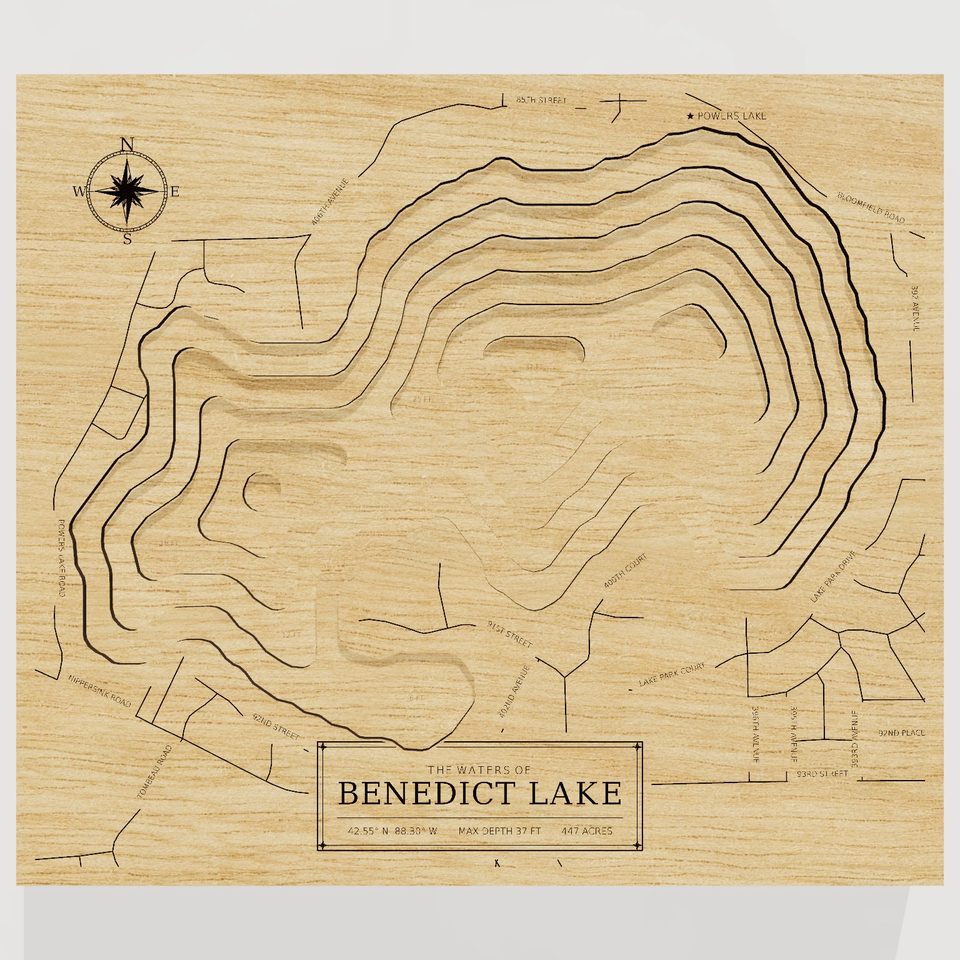 Benedict Lake 3D wood map, front view