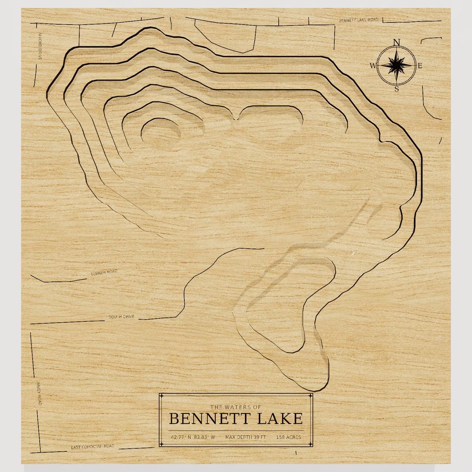 Bennett Lake 3D wood map, front view