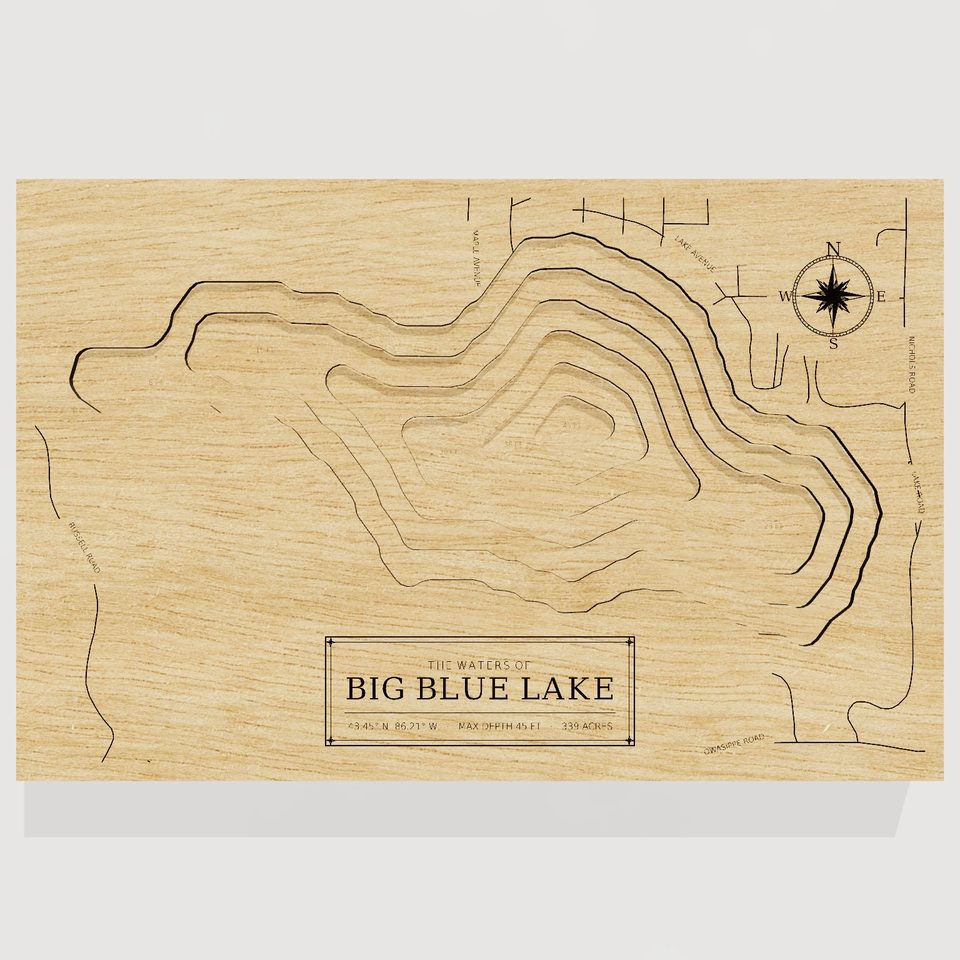 Big Blue Lake 3D wood map, front view
