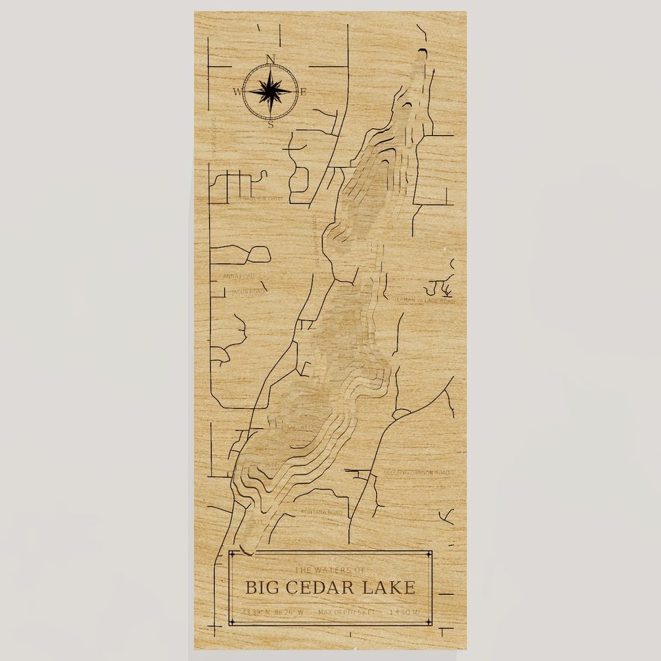Big Cedar Lake 3D wood map, front view