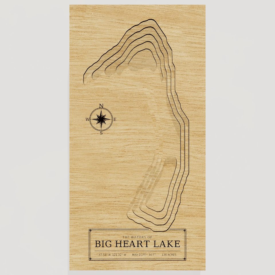 Big Heart Lake 3D wood map, front view
