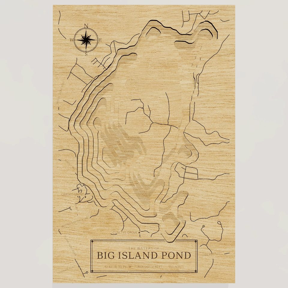 Big Island Pond 3D wood map, front view