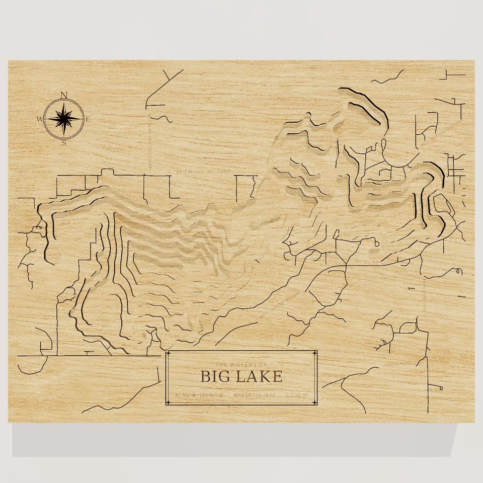 Big Lake 3D wood map, front view