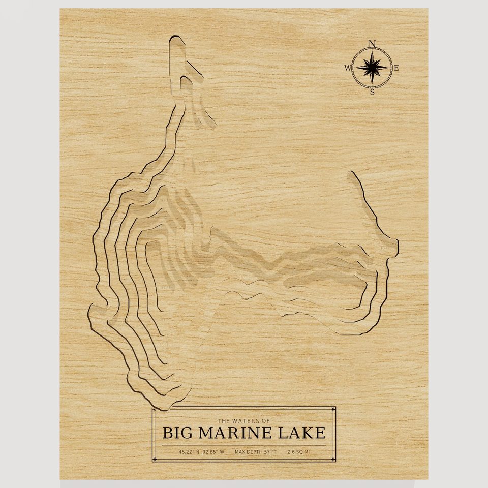 Big Marine Lake 3D wood map, front view