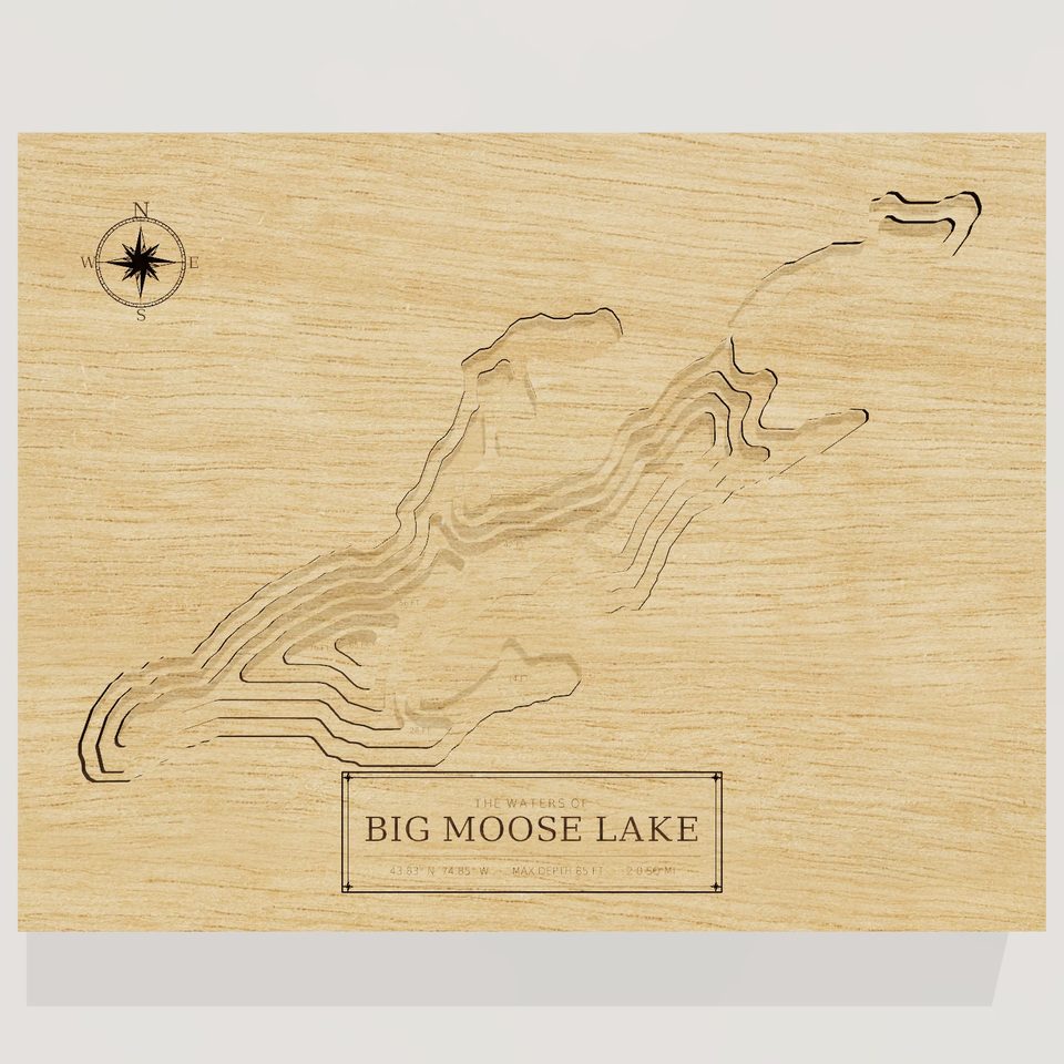 Big Moose Lake 3D wood map, front view