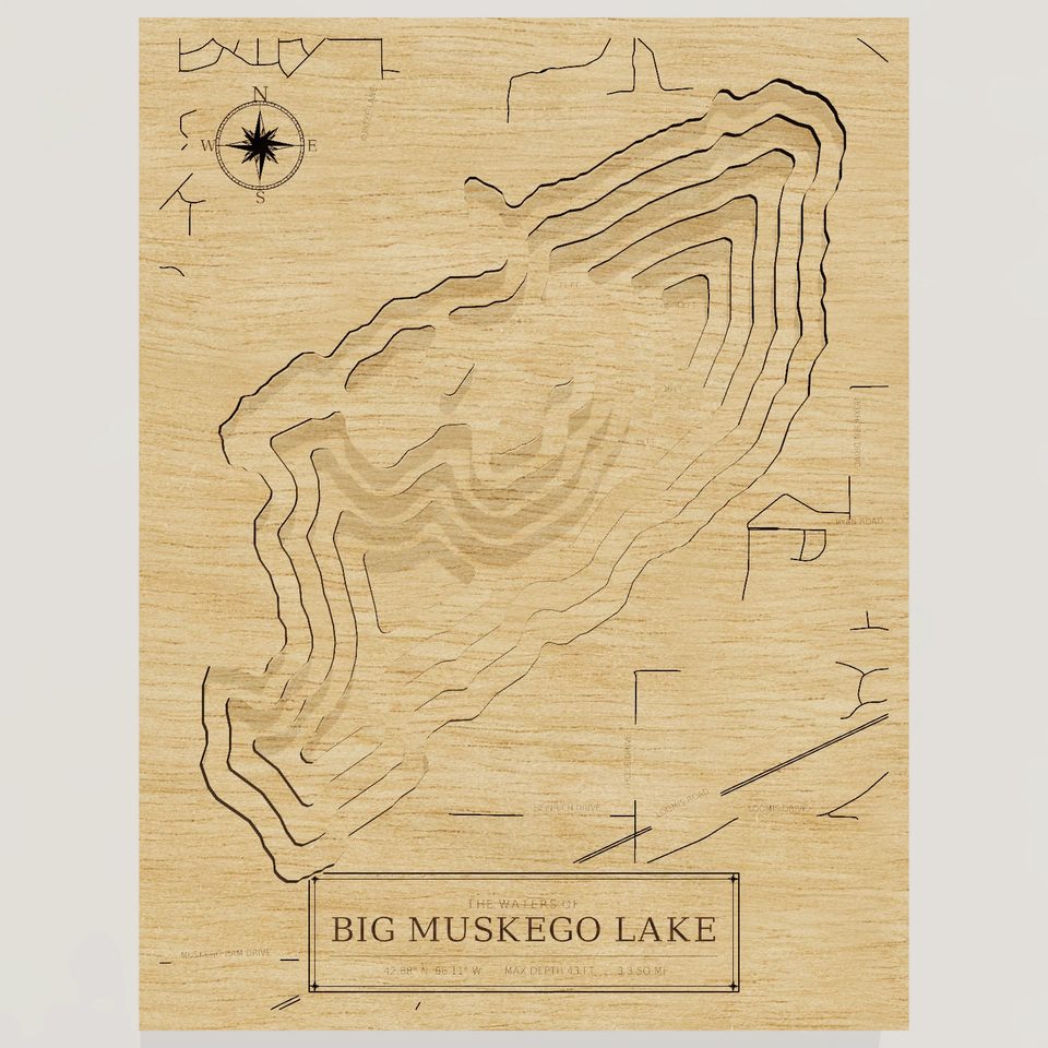 Big Muskego Lake 3D wood map, front view