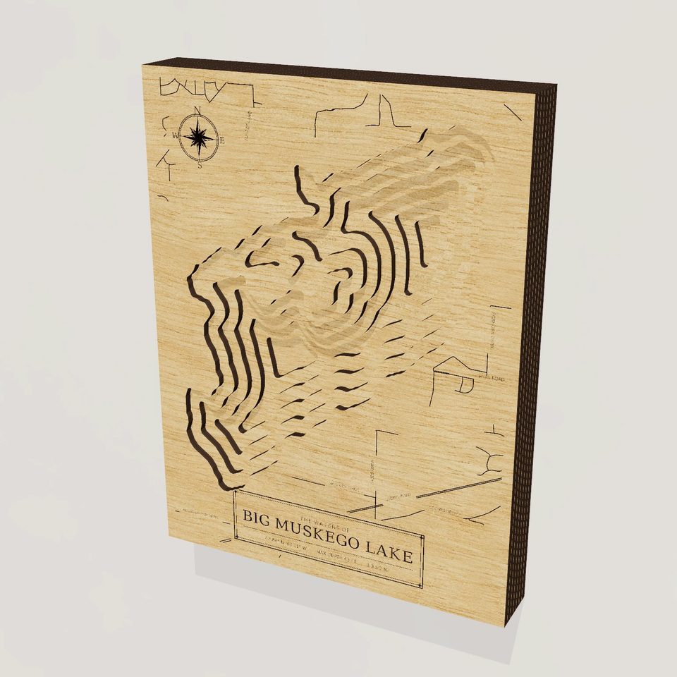 Big Muskego Lake 3D wood map, hero view