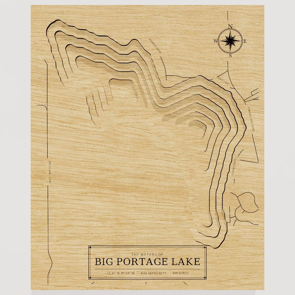 Big Portage Lake 3D wood map, front view