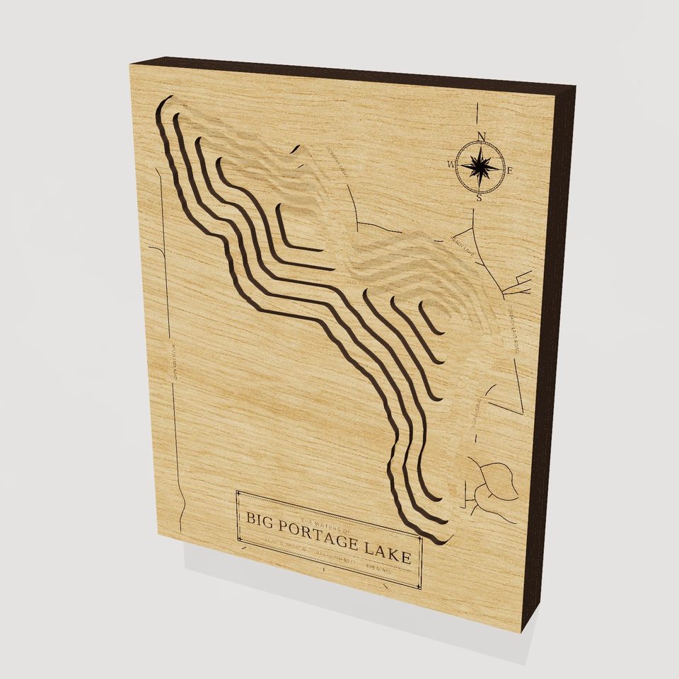 Big Portage Lake 3D wood map, hero view