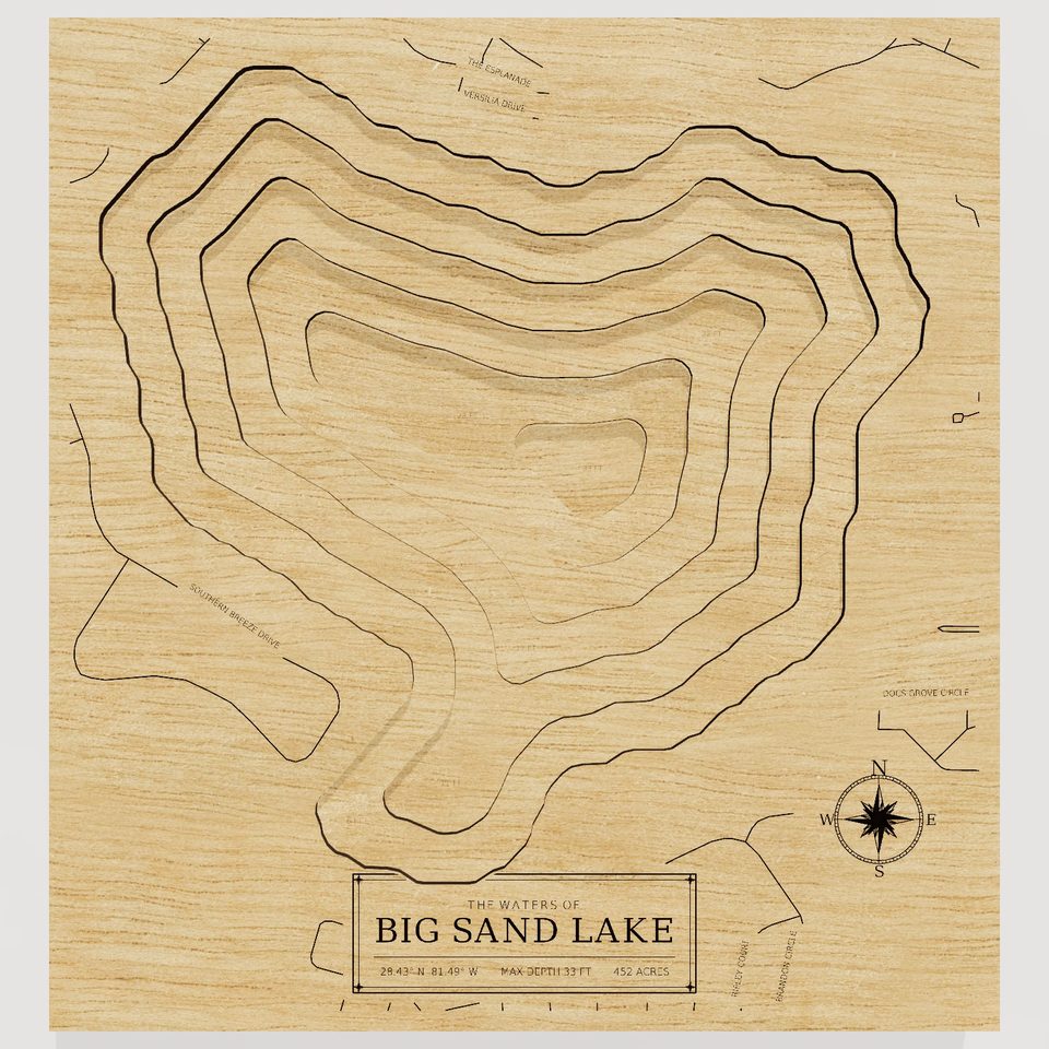 Big Sand Lake 3D wood map, front view