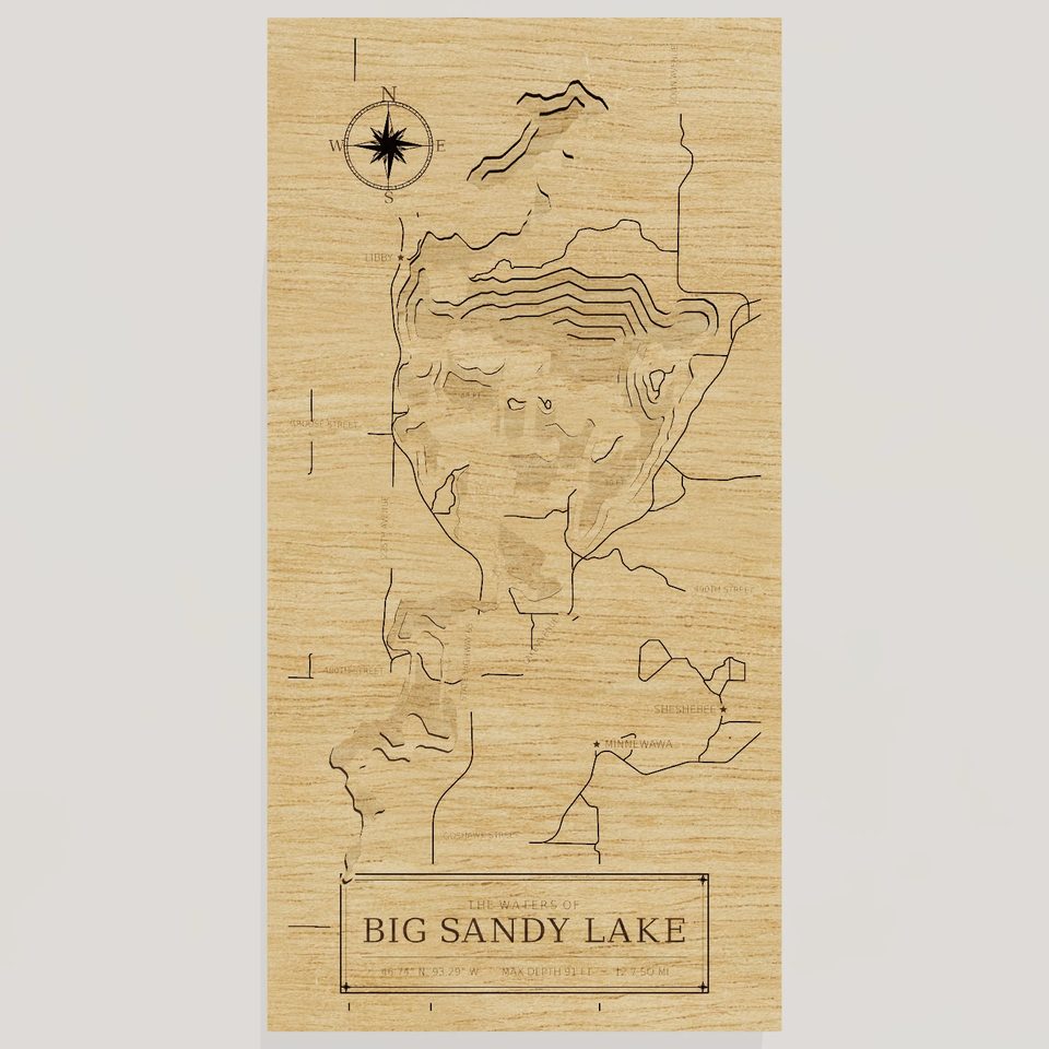 Big Sandy Lake 3D wood map, front view