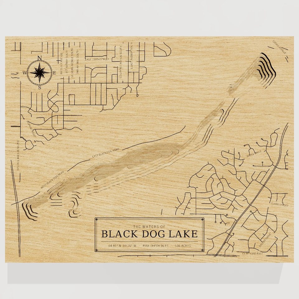 Black Dog Lake 3D wood map, front view